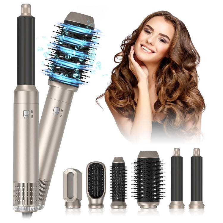 Multi-functional hair styler with interchangeable brush heads and curling attachments.