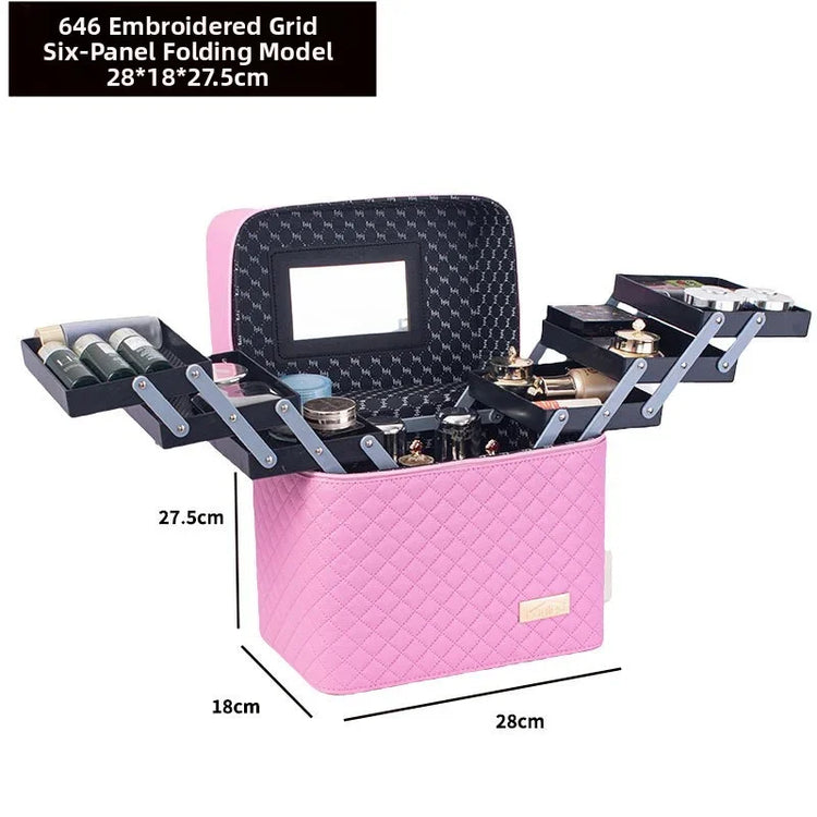 Pink quilted six-panel folding makeup organizer case with mirror and dimensions.