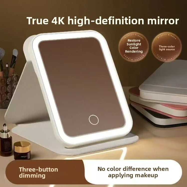 True 4K high-definition LED makeup mirror with adjustable lighting and dimming buttons.