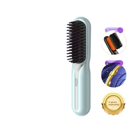 Mint green electric hair brush with black bristles and negative ion technology.