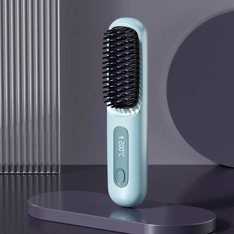 Light blue electric heated hair straightening brush with digital temperature display.