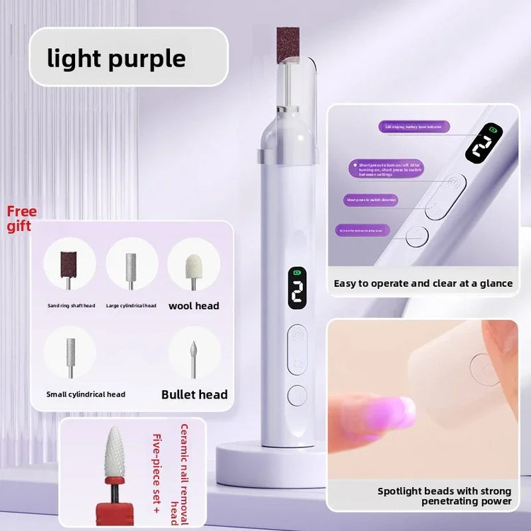 White electric nail drill kit with various grinding heads and digital display.