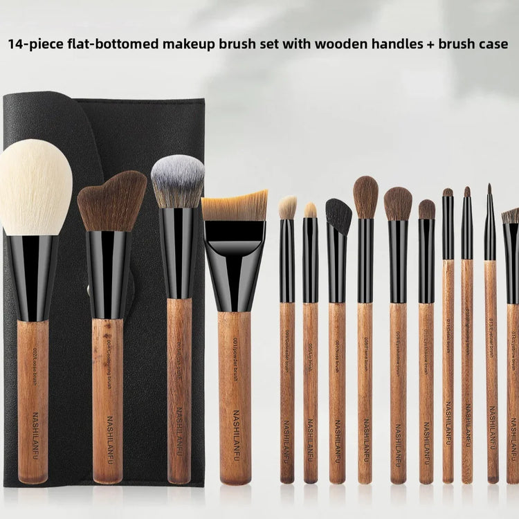 14-piece makeup brush set with wooden handles and black case by NASHILANFU
