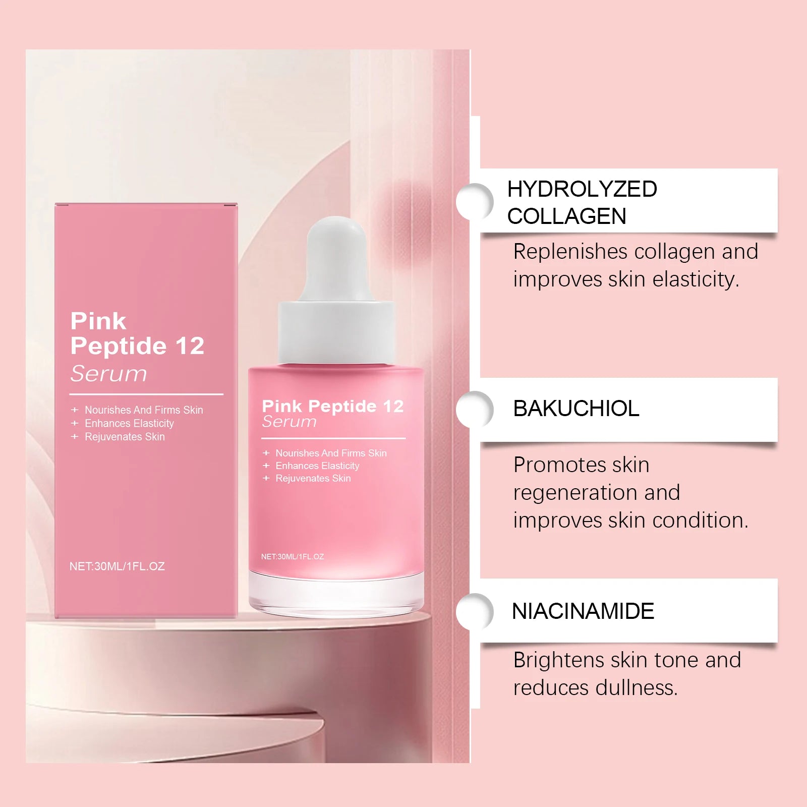 Sérum Facial Pink Peptide 12 con Niacinamida – Efecto Glass Skin Coreano