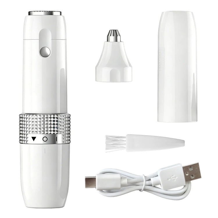White electric cuticle remover tool with USB charging cable and replacement heads.