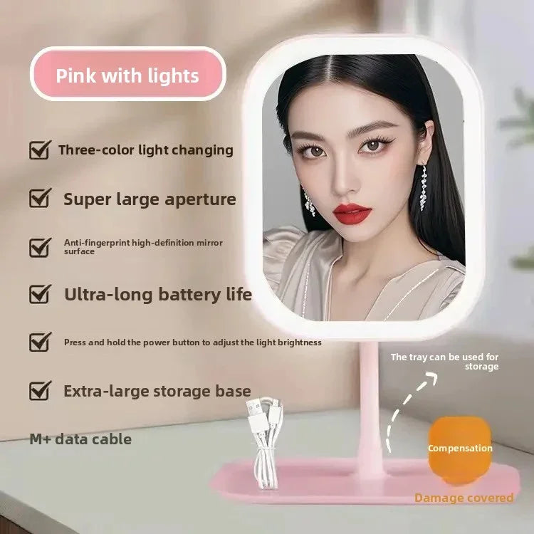 Pink LED lighted makeup mirror with adjustable brightness and storage base