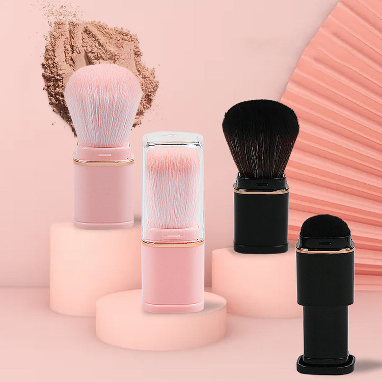 Brocha Retráctil de Maquillaje en varios colores sobre un fondo suave, ideal para retocar el maquillaje en cualquier lugar.
