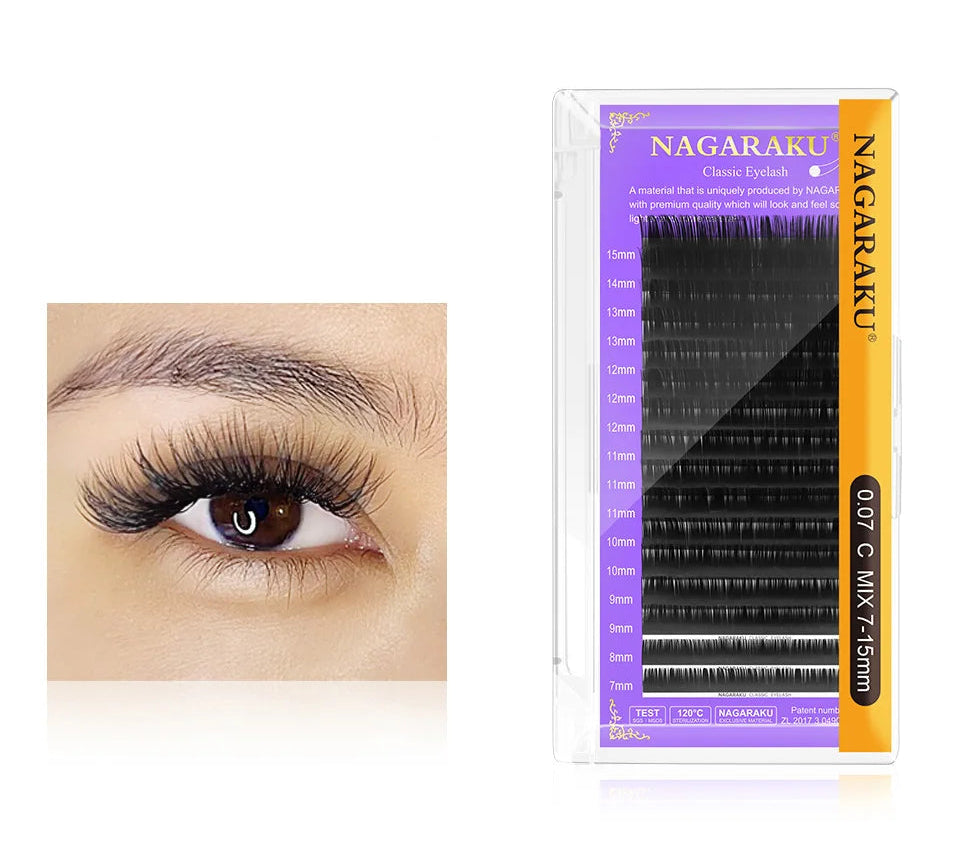 Extensiones de Pestañas Clásicas Individuales NAGARAKU (16 Filas, Negro Mate, Suaves y Profesionales)