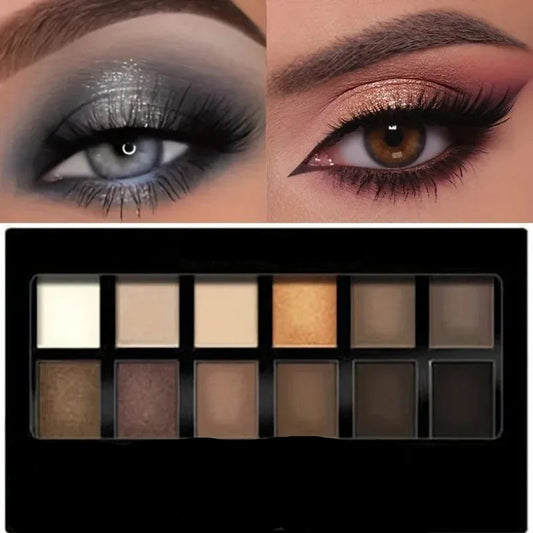 Paleta de Sombras de Ojos Profesional de 12 Colores, Tonos Neutros Mate y Brillo Natural para Maquillaje de Ojos