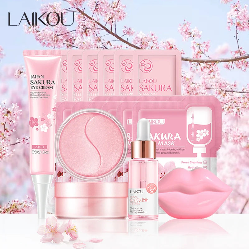 Kit de Skincare Coreano Sakura LAIKOU – Set Facial Completo con Máscara de Ojos y Labios