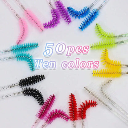 50-Pack Disposable Eyelash and Eyebrow Brushes with Crystal Handle (Makeup Spoolies)