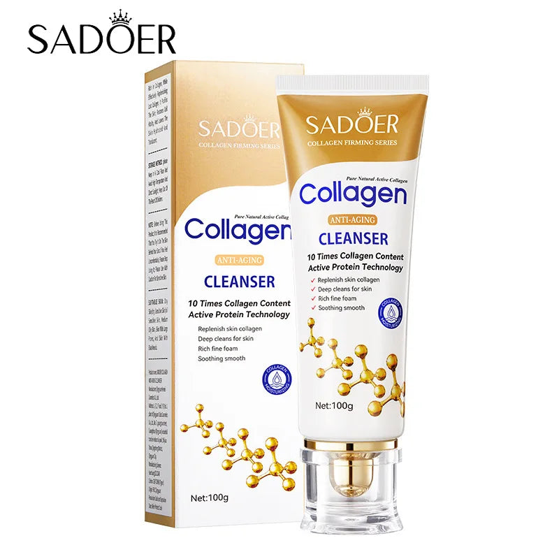 Espuma Limpiadora Facial de Colágeno SADOER – Antiarrugas, Aclarante e Hidratante
