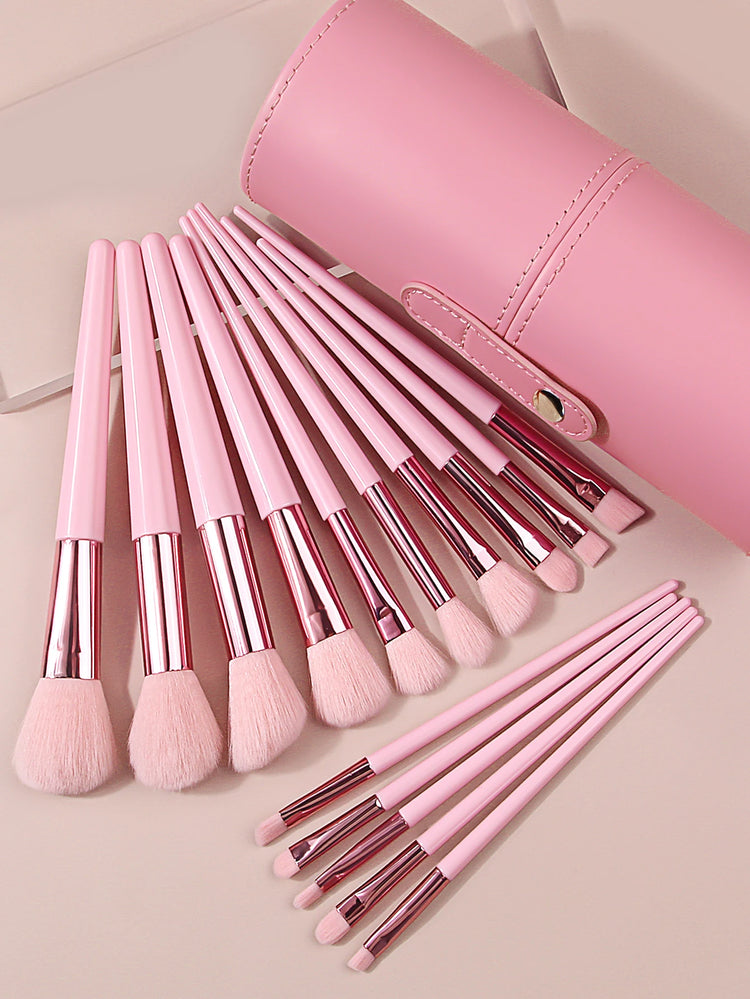 Set de 15 brochas de maquillaje rosas con bote