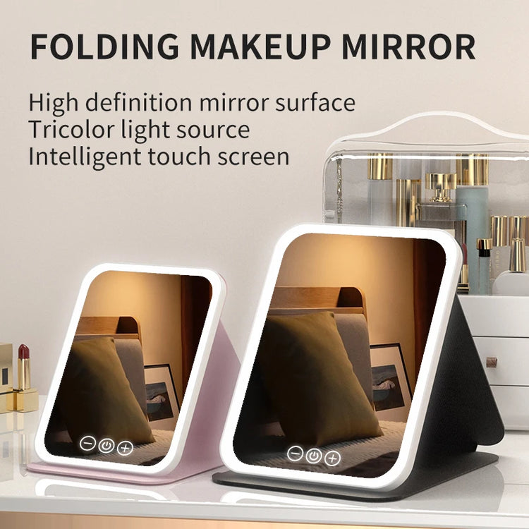 Espejo de maquillaje LED plegable con 3 tonos de luz