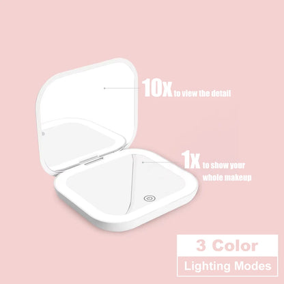 Espejo de bolsillo con luz LED y aumento