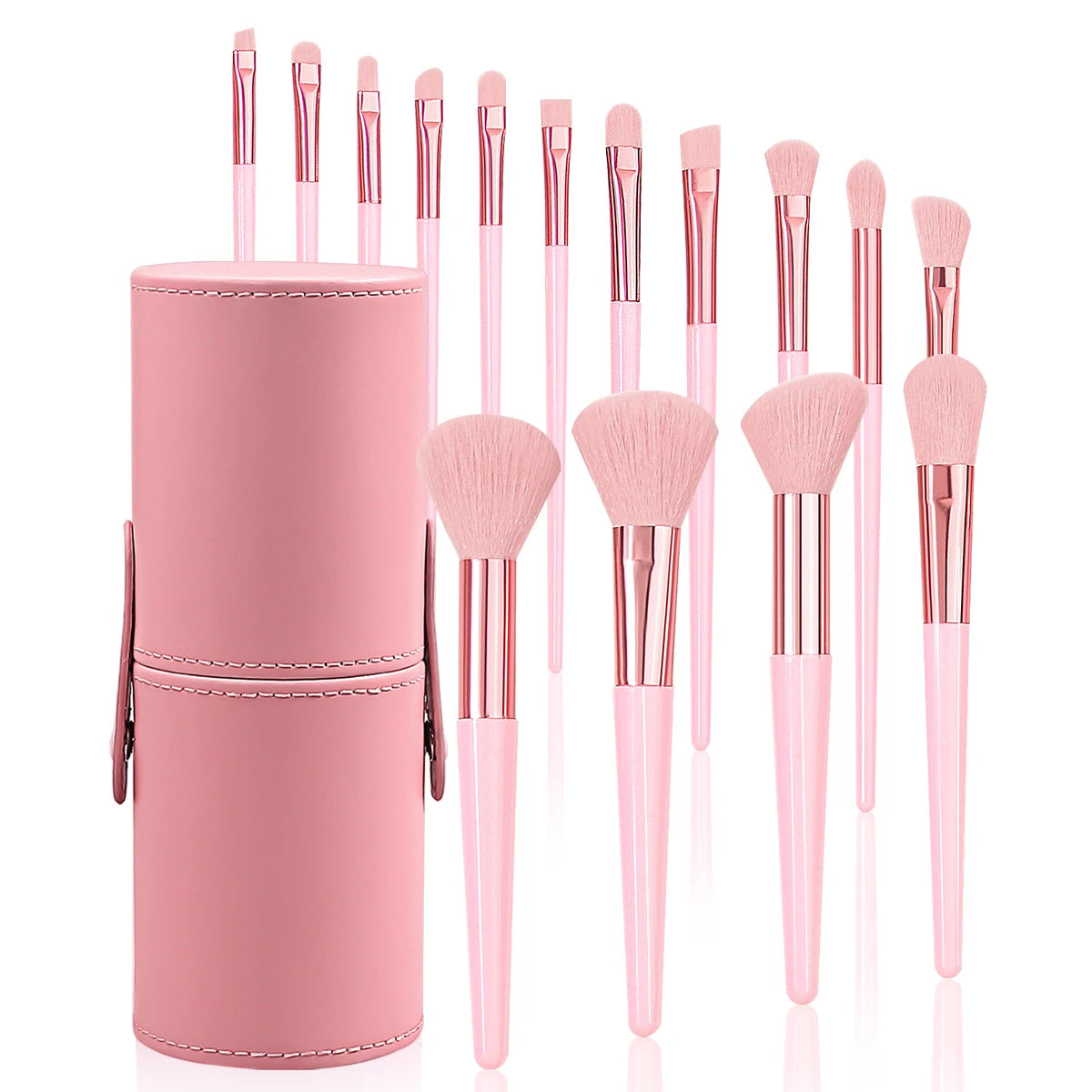 Set de 15 brochas de maquillaje rosas con bote