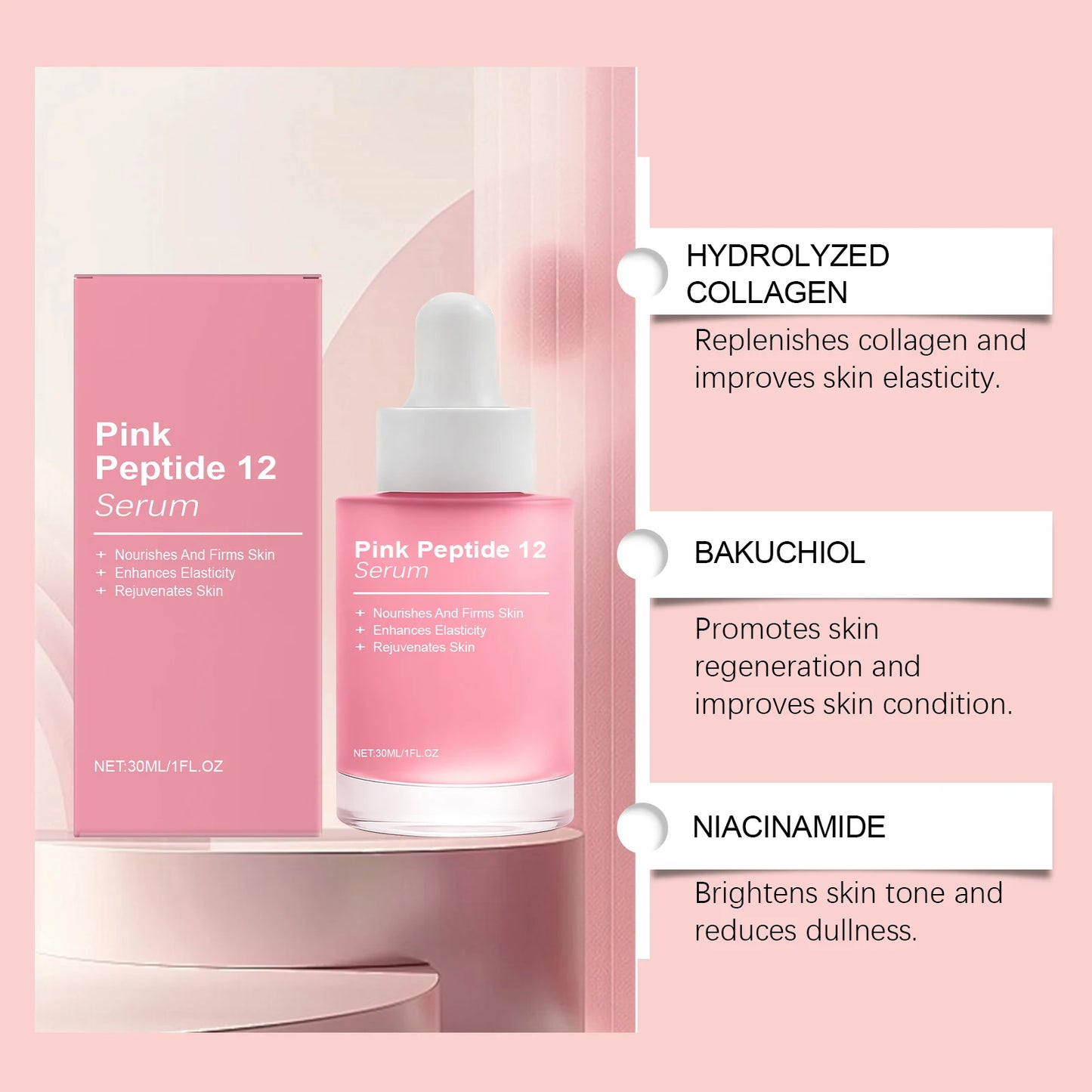 Sérum Facial Pink Peptide 12 con Niacinamida – Efecto Glass Skin Coreano