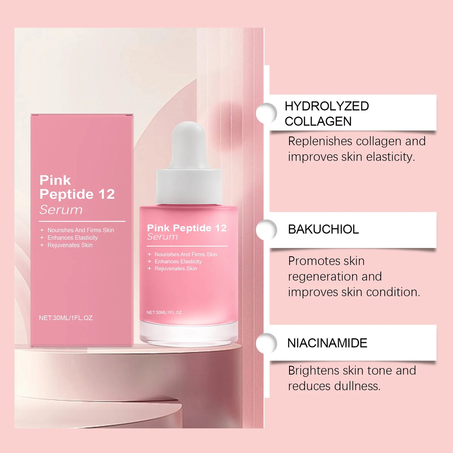 Sérum Facial Pink Peptide 12 con Niacinamida – Efecto Glass Skin Coreano