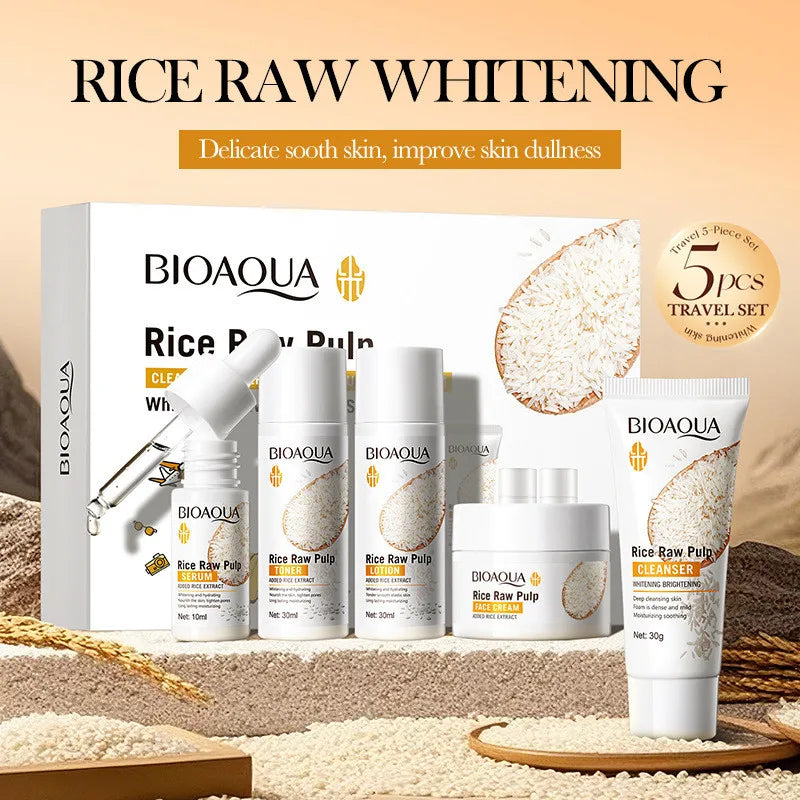 Set de Skincare de Arroz BIOAQUA 5 Piezas – Aclarante, Hidratante y Nutritivo