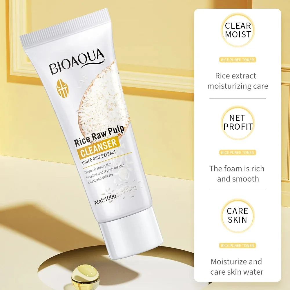 Limpiador Facial de Pulpa de Arroz BIOAQUA – Espuma Purificante, Hidratante y Aclarante