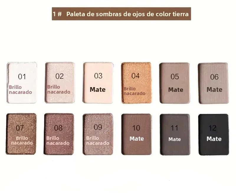 Paleta de Sombras de Ojos Profesional de 12 Colores, Tonos Neutros Mate y Brillo Natural para Maquillaje de Ojos