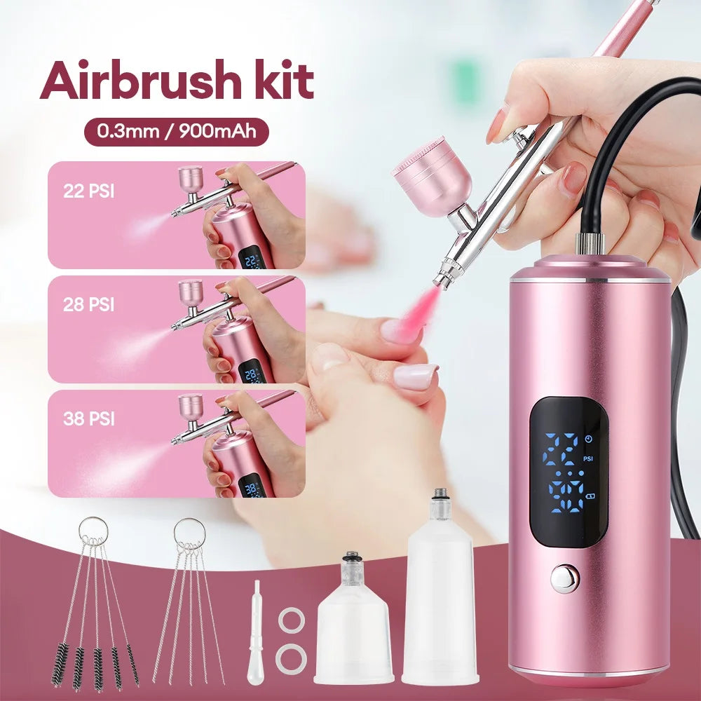 Kit de Aerografía Recargable Inalámbrico con Compresor – Maquillaje, Uñas, Tartas y Cabello