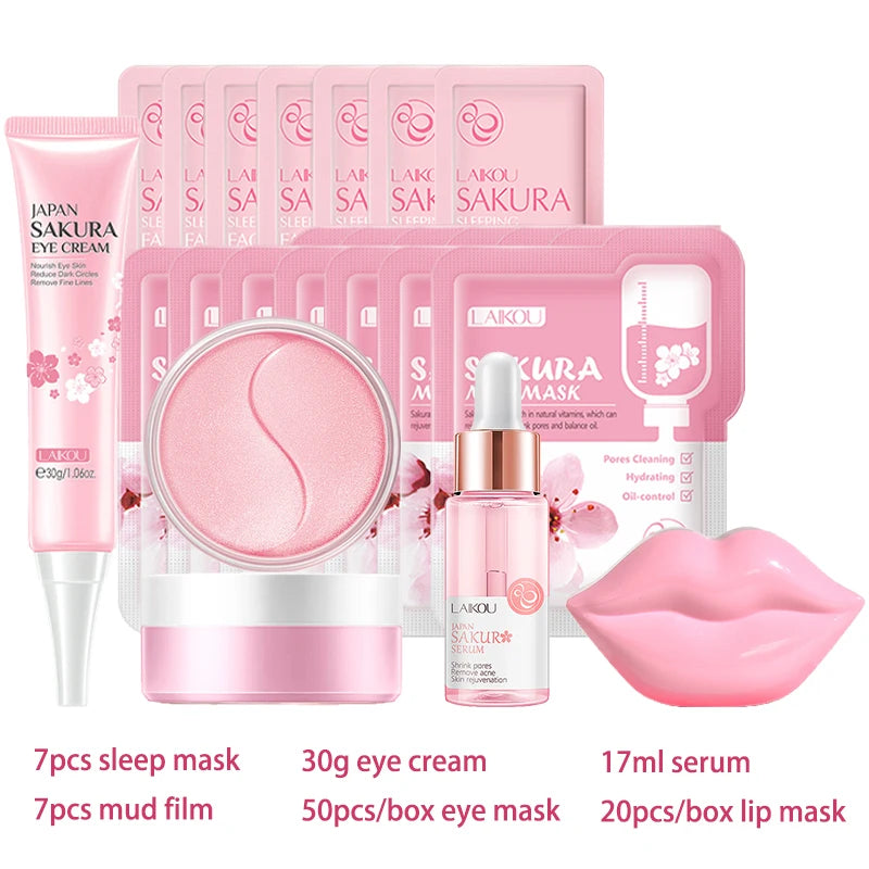 Kit de Skincare Coreano Sakura LAIKOU – Set Facial Completo con Máscara de Ojos y Labios