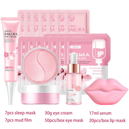 Kit de Skincare Coreano Sakura LAIKOU – Set Facial Completo con Máscara de Ojos y Labios
