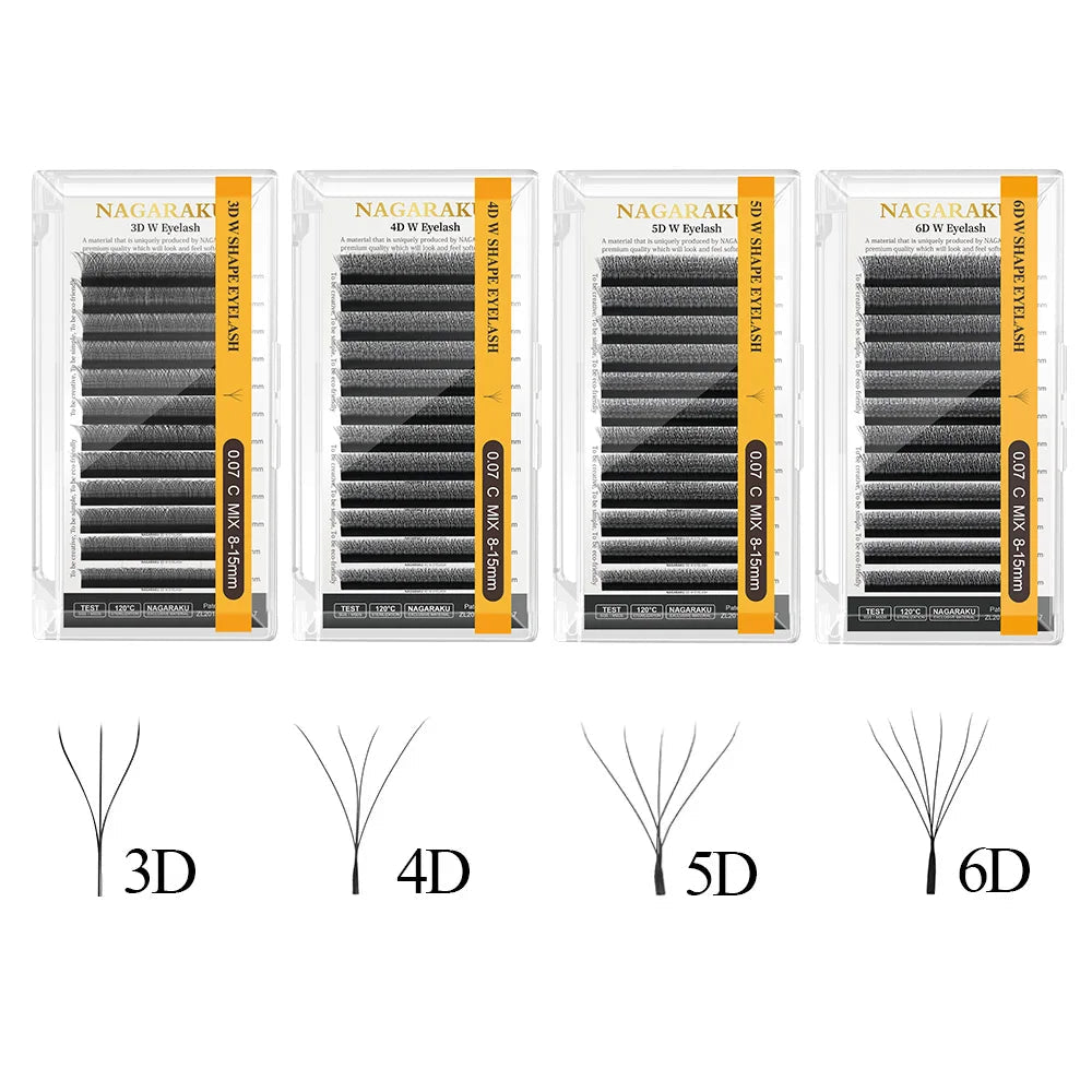 Extensiones de Pestañas en Forma de W NAGARAKU (Abanicos Premoldeados 3D, 4D, 5D, 6D de Crecimiento Automático y Alta Calidad)