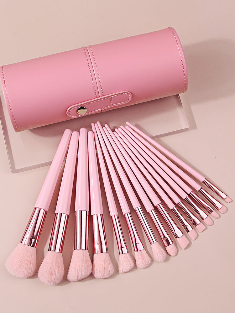 Set de 15 brochas de maquillaje rosas con bote